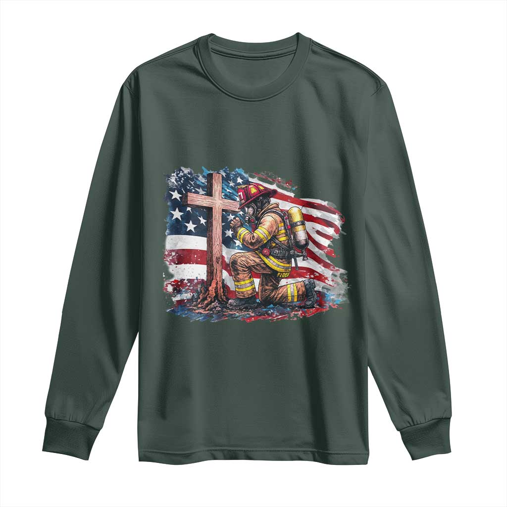 Fireman American Flag Long Sleeve Shirt Firefighter Christian Cross Bible TS14 Dark Forest Green Print Your Wear
