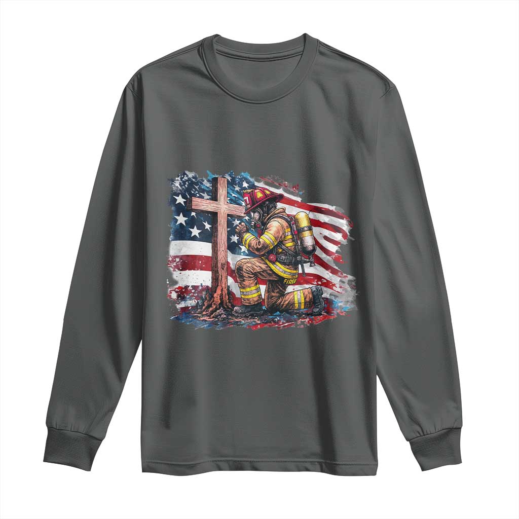 Fireman American Flag Long Sleeve Shirt Firefighter Christian Cross Bible TS14 Dark Heather Print Your Wear