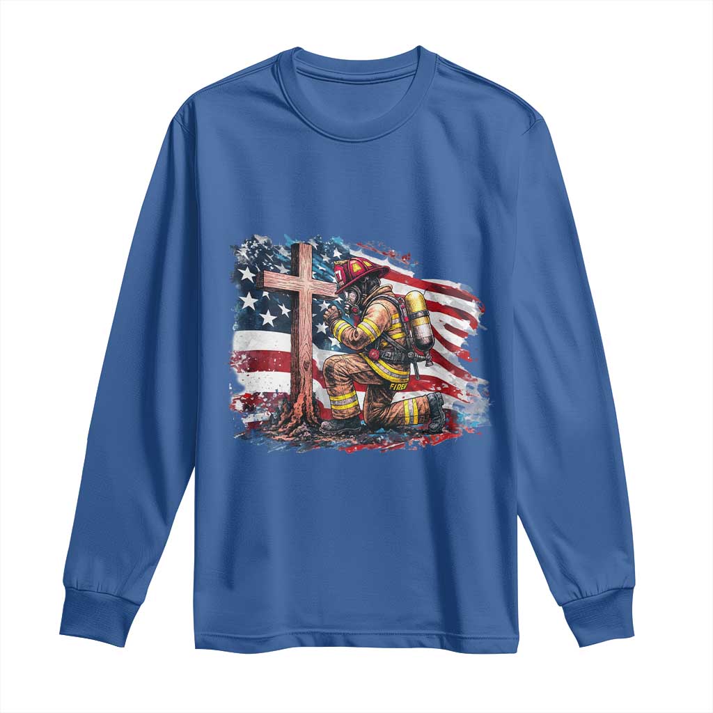 Fireman American Flag Long Sleeve Shirt Firefighter Christian Cross Bible TS14 Royal Blue Print Your Wear
