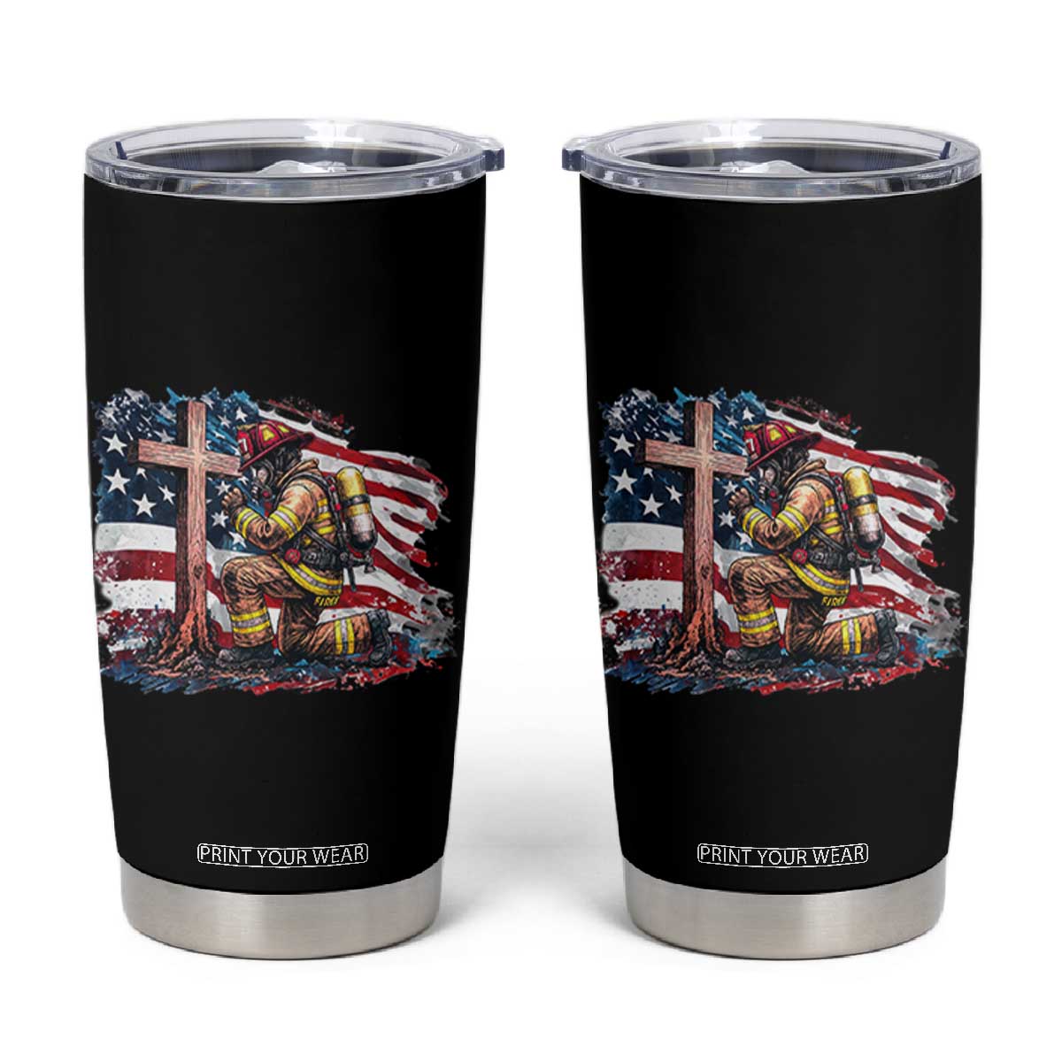 Fireman American Flag Tumbler Cup Firefighter Christian Cross Bible TS14 Black Print Your Wear