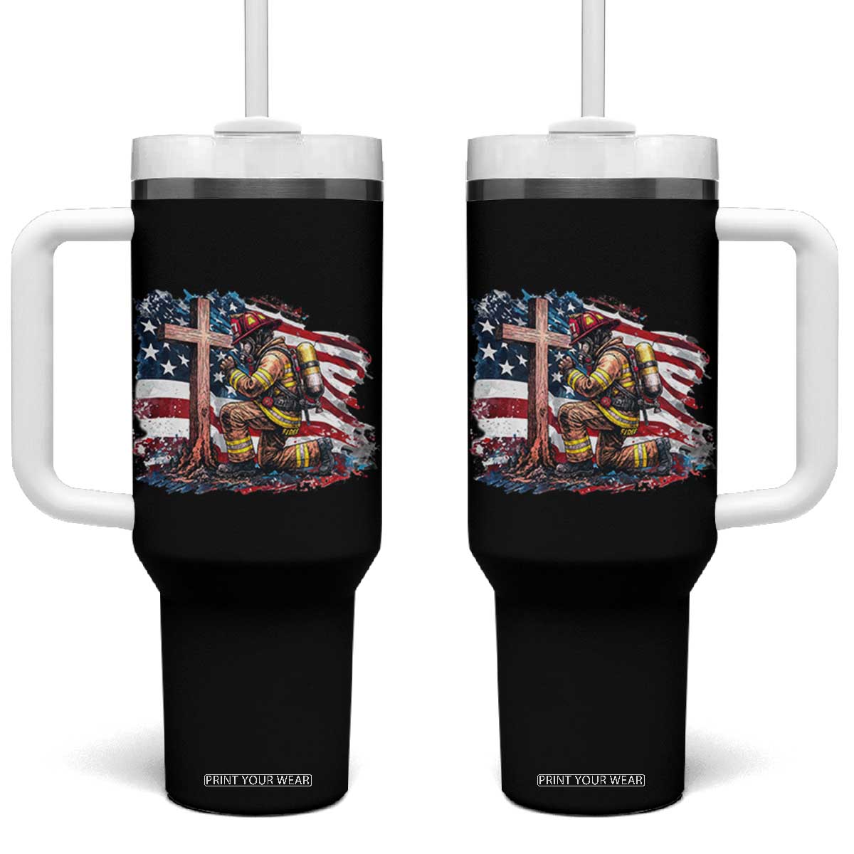 Fireman American Flag Tumbler With Handle Firefighter Christian Cross Bible TS14 One Size: 40 oz Black Print Your Wear