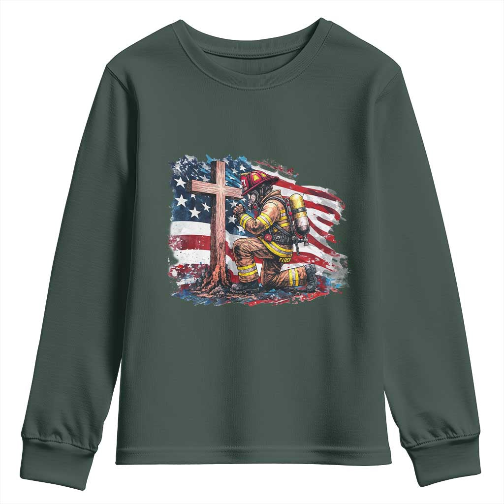 Fireman American Flag Youth Sweatshirt Firefighter Christian Cross Bible TS14 Dark Forest Green Print Your Wear