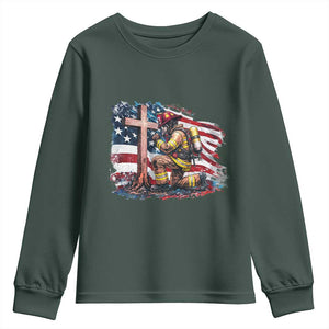 Fireman American Flag Youth Sweatshirt Firefighter Christian Cross Bible TS14 Dark Forest Green Print Your Wear