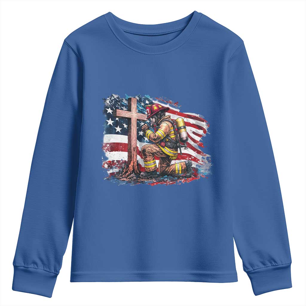 Fireman American Flag Youth Sweatshirt Firefighter Christian Cross Bible TS14 Royal Blue Print Your Wear