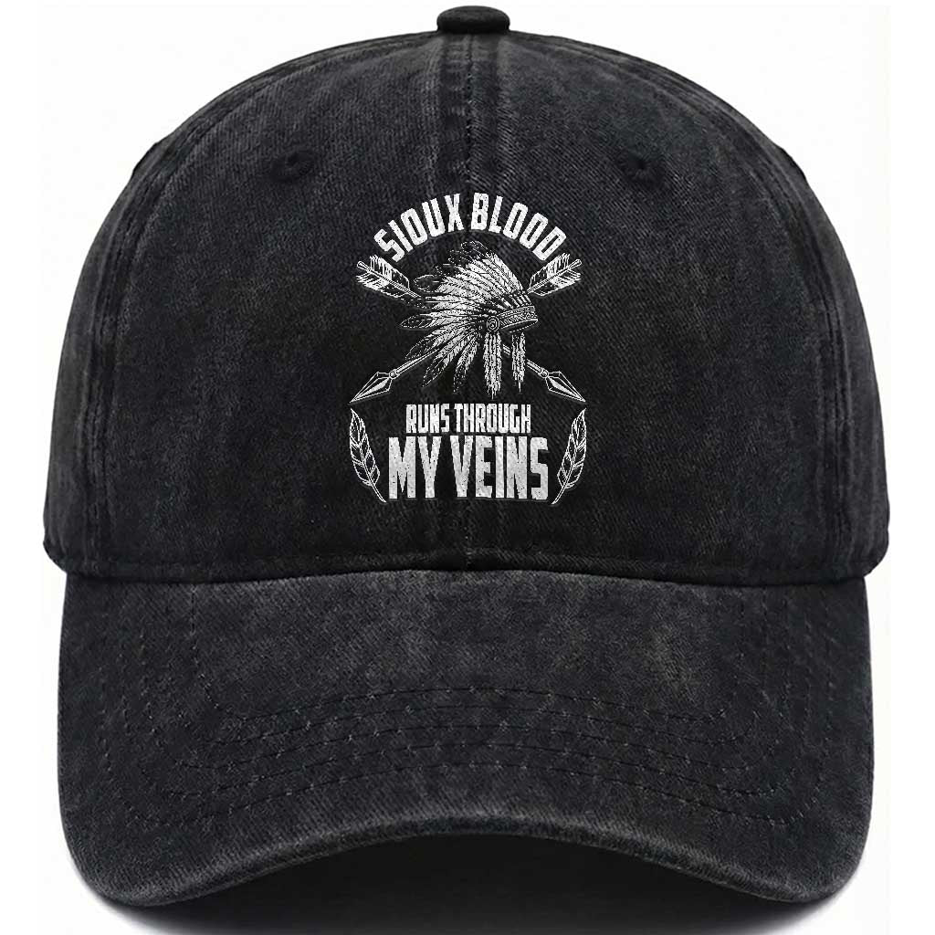 Native American Idian Chief Washed Cotton Baseball Cap Sioux Blood Runs Through My Veins TS14 Washed Cap Universal Fit Black Print Your Wear