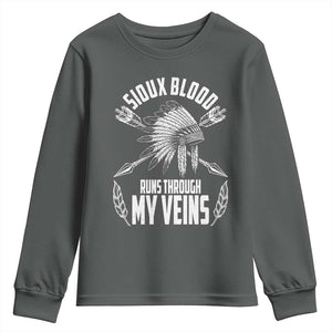 Native American Idian Chief Youth Sweatshirt Sioux Blood Runs Through My Veins TS14 Dark Heather Print Your Wear