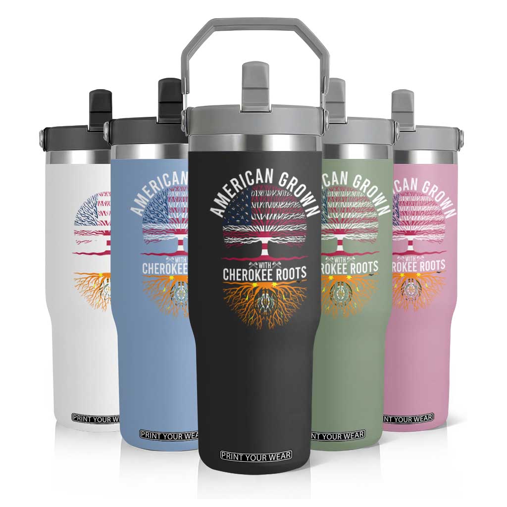 Native American Flag Flip Straw Tumbler American Grown With Cherokee Roots TS14 Print Your Wear