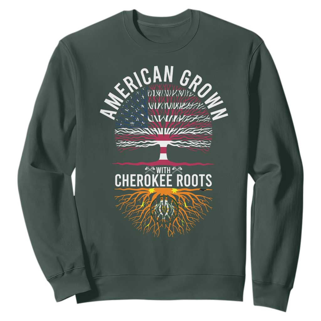 Native American Flag Sweatshirt American Grown With Cherokee Roots TS14 Dark Forest Green Print Your Wear