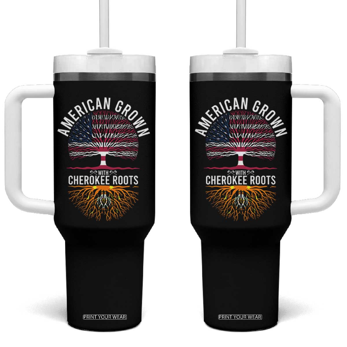 Native American Flag Tumbler With Handle American Grown With Cherokee Roots TS14 One Size: 40 oz Black Print Your Wear