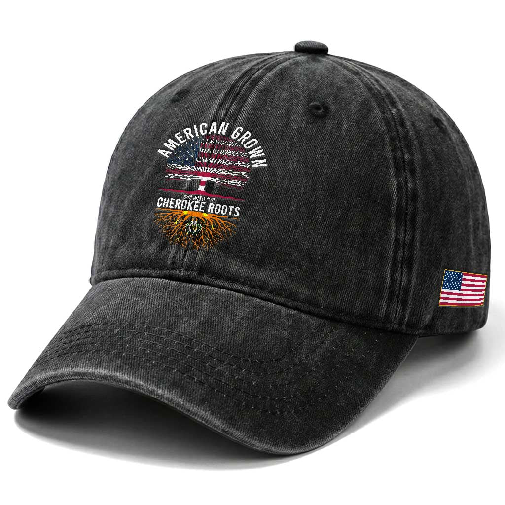 Native American Flag Washed Cotton Baseball Cap American Grown With Cherokee Roots TS14 Print Your Wear