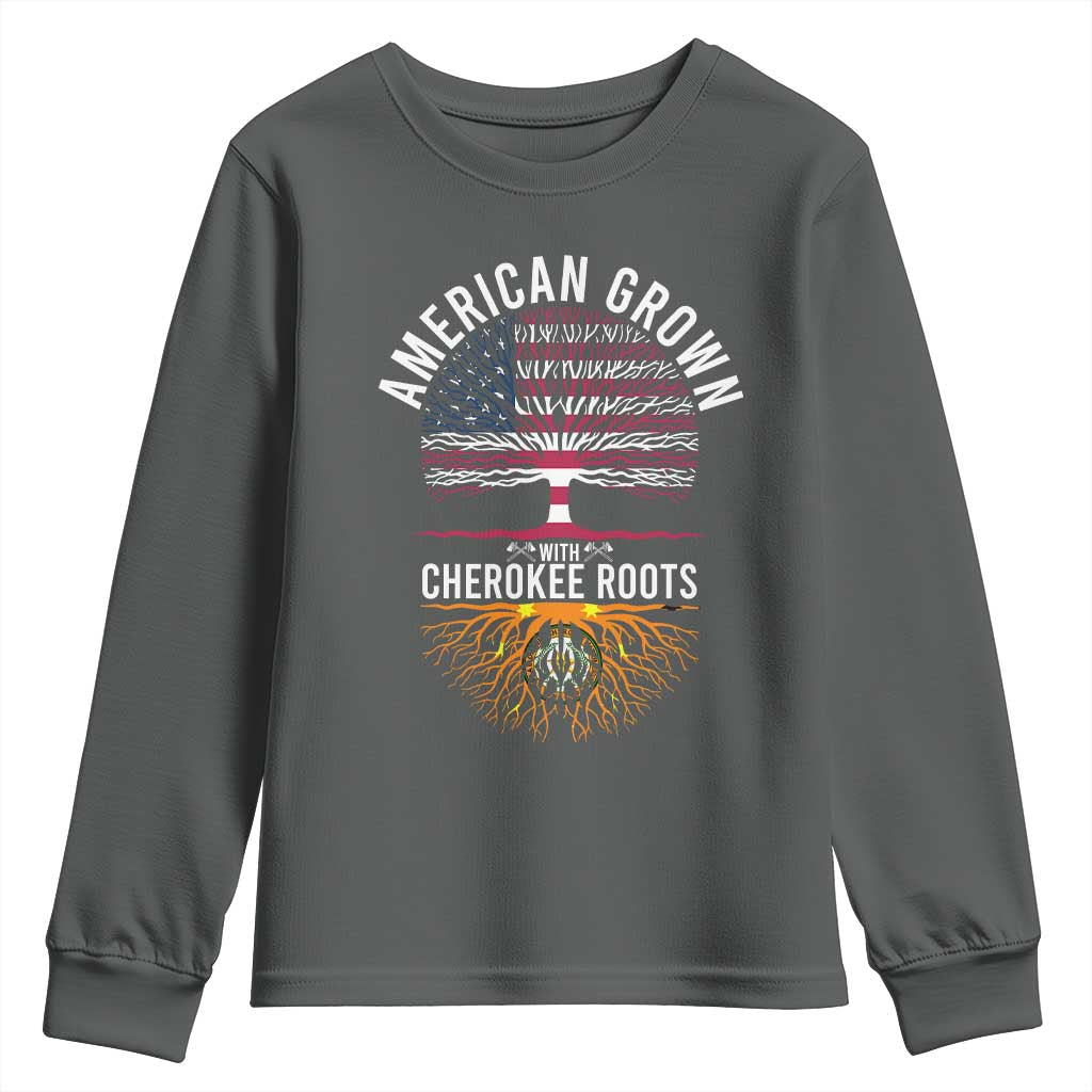 Native American Flag Youth Sweatshirt American Grown With Cherokee Roots TS14 Dark Heather Print Your Wear