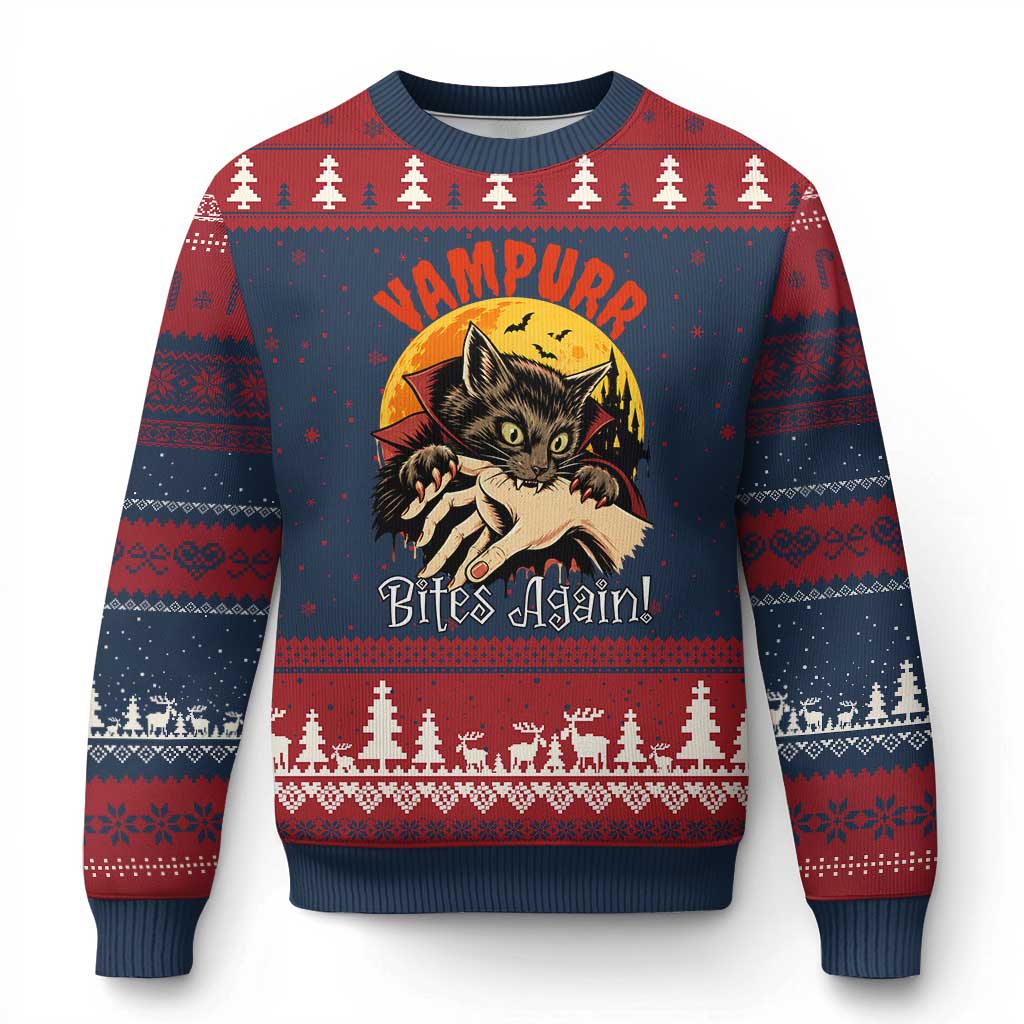 Vampurr Bites Again Ugly Christmas Sweater Funny Vampire Cat Halloween Horror TS14 Navy Red Print Your Wear
