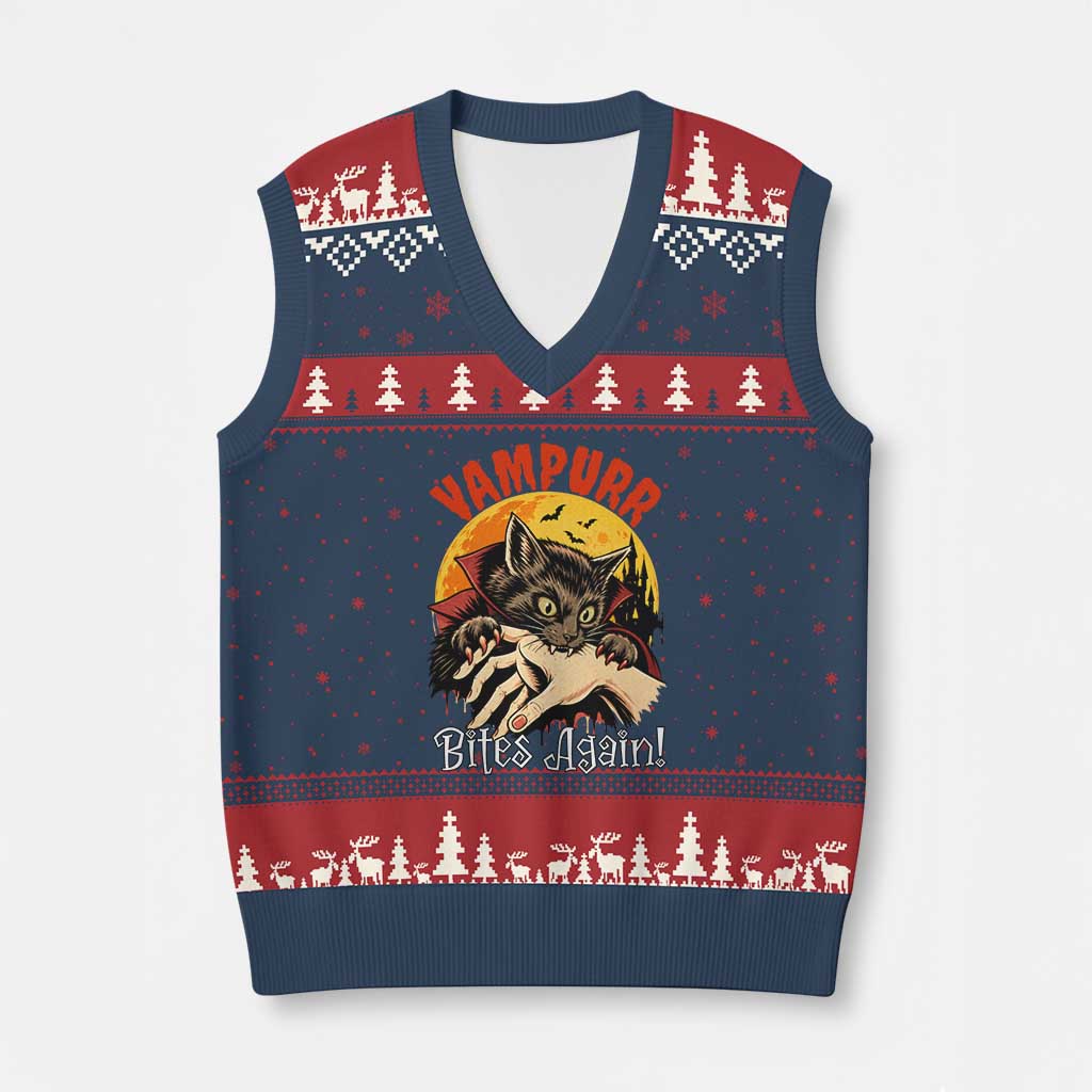 Vampurr Bites Again V-Neck Knit Sweater Vest Funny Vampire Cat Halloween Horror TS14 Navy Red Print Your Wear