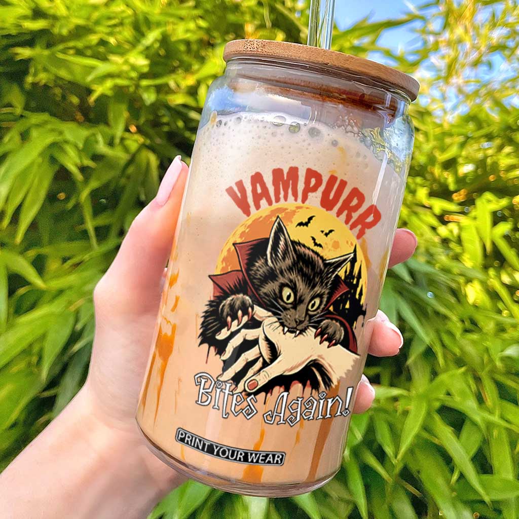 Vampurr Bites Again Glass Can Funny Vampire Cat Halloween Horror TS14 Black Print Your Wear