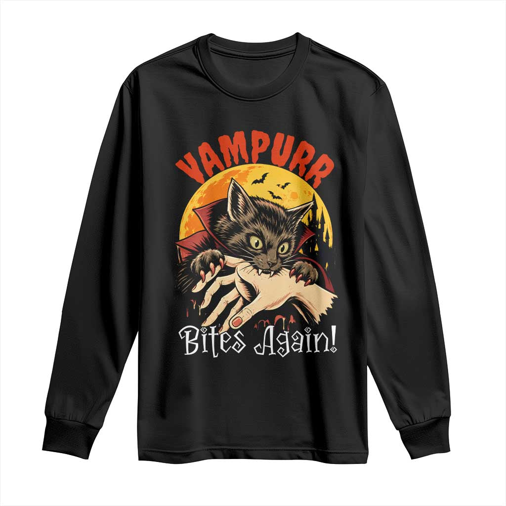 Vampurr Bites Again Long Sleeve Shirt Funny Vampire Cat Halloween Horror TS14 Black Print Your Wear