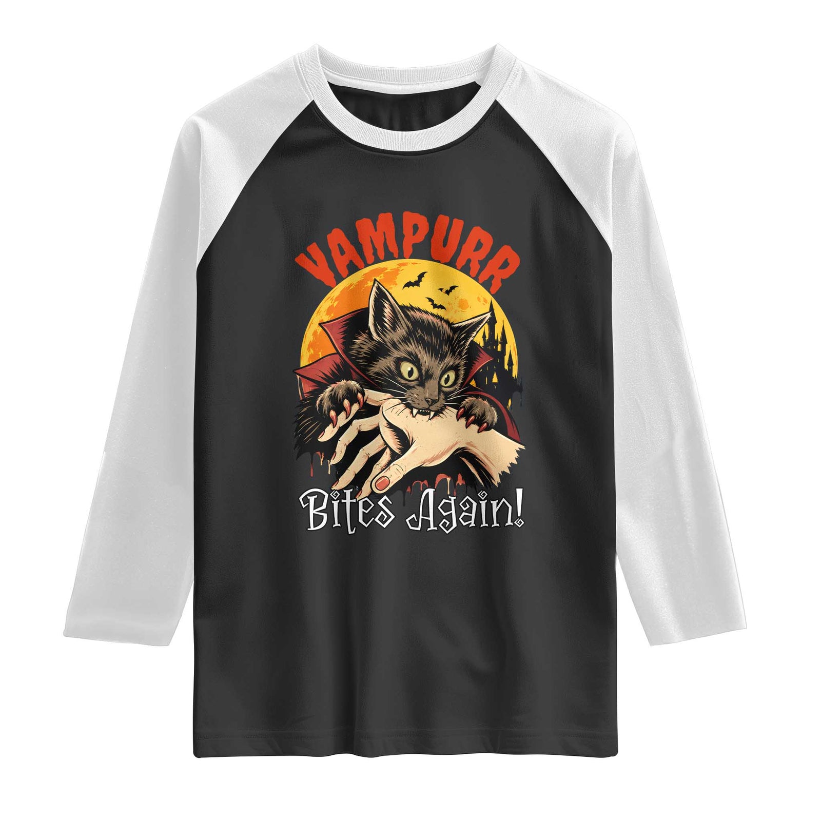 Vampurr Bites Again Raglan Shirt Funny Vampire Cat Halloween Horror TS14 Black White Print Your Wear