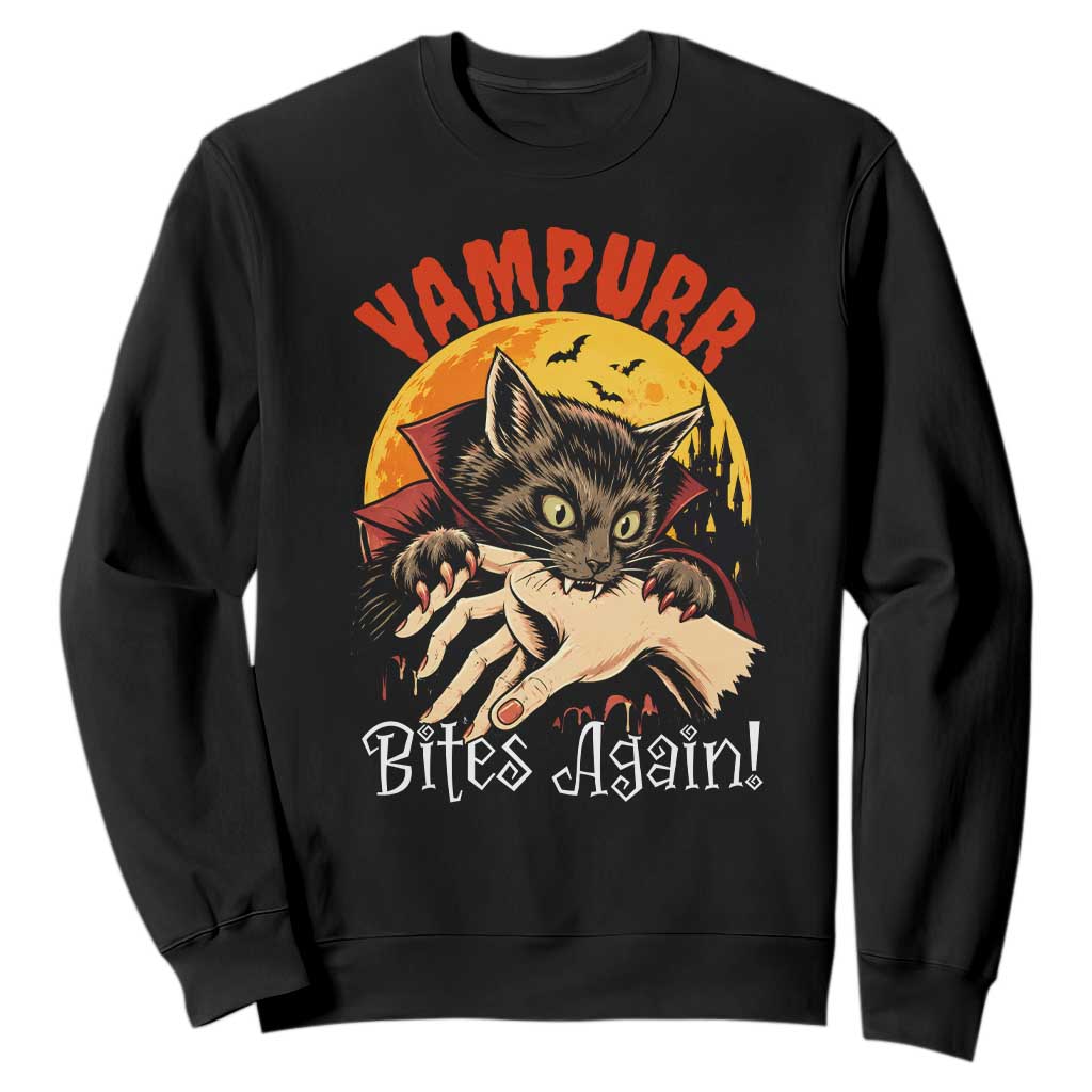 Vampurr Bites Again Sweatshirt Funny Vampire Cat Halloween Horror TS14 Black Print Your Wear