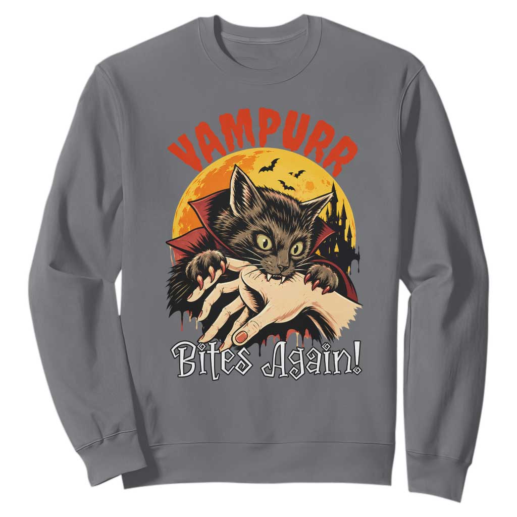Vampurr Bites Again Sweatshirt Funny Vampire Cat Halloween Horror TS14 Charcoal Print Your Wear