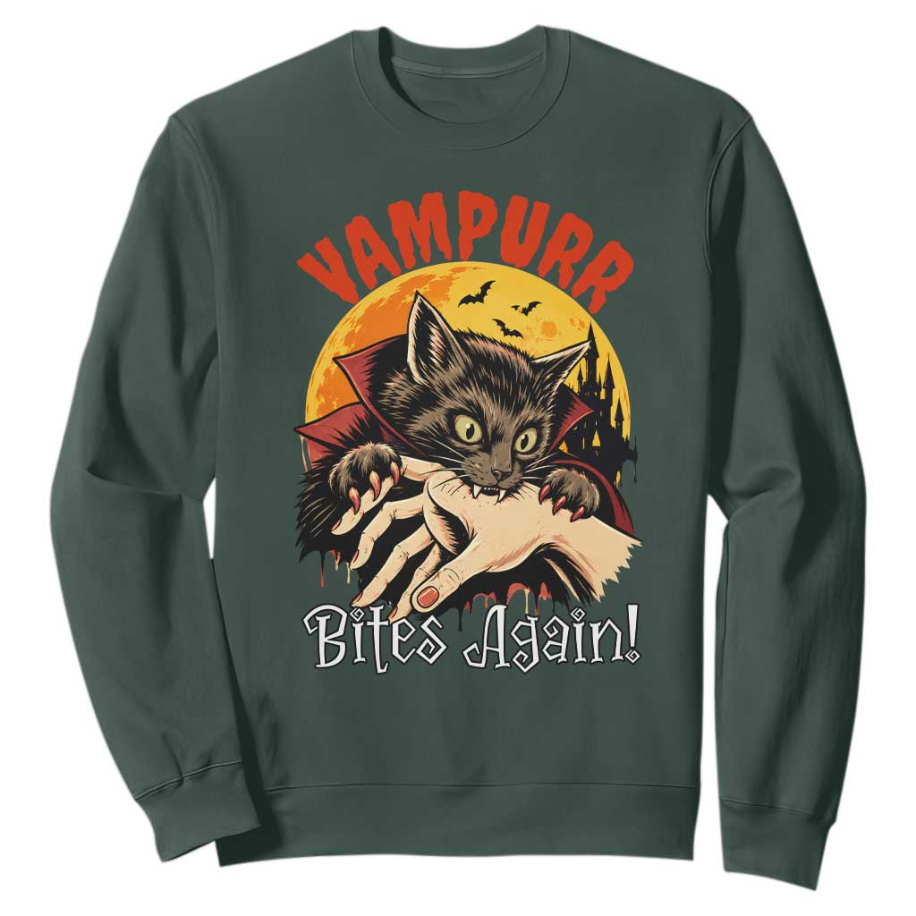Vampurr Bites Again Sweatshirt Funny Vampire Cat Halloween Horror TS14 Dark Forest Green Print Your Wear