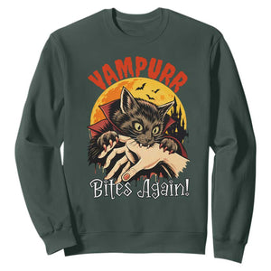 Vampurr Bites Again Sweatshirt Funny Vampire Cat Halloween Horror TS14 Dark Forest Green Print Your Wear