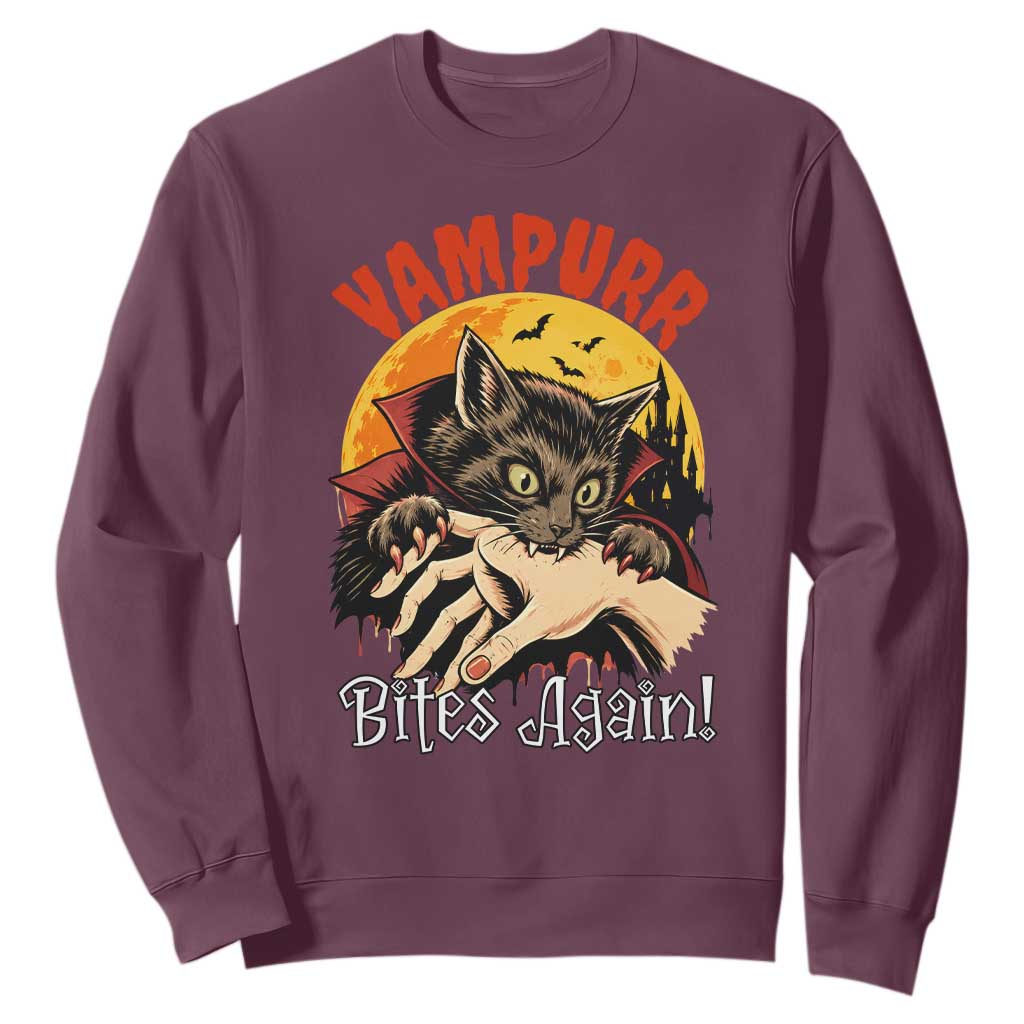 Vampurr Bites Again Sweatshirt Funny Vampire Cat Halloween Horror TS14 Maroon Print Your Wear