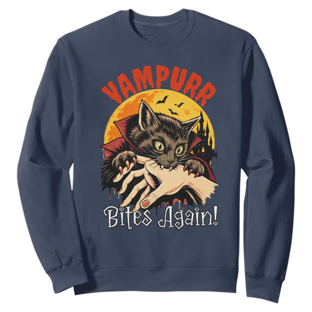 Vampurr Bites Again Sweatshirt Funny Vampire Cat Halloween Horror TS14 Navy Print Your Wear