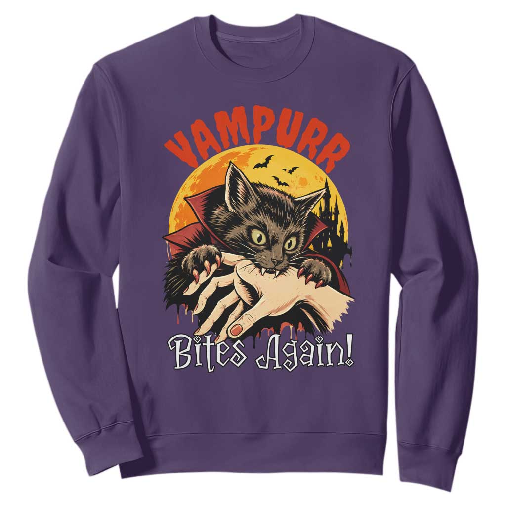 Vampurr Bites Again Sweatshirt Funny Vampire Cat Halloween Horror TS14 Purple Print Your Wear