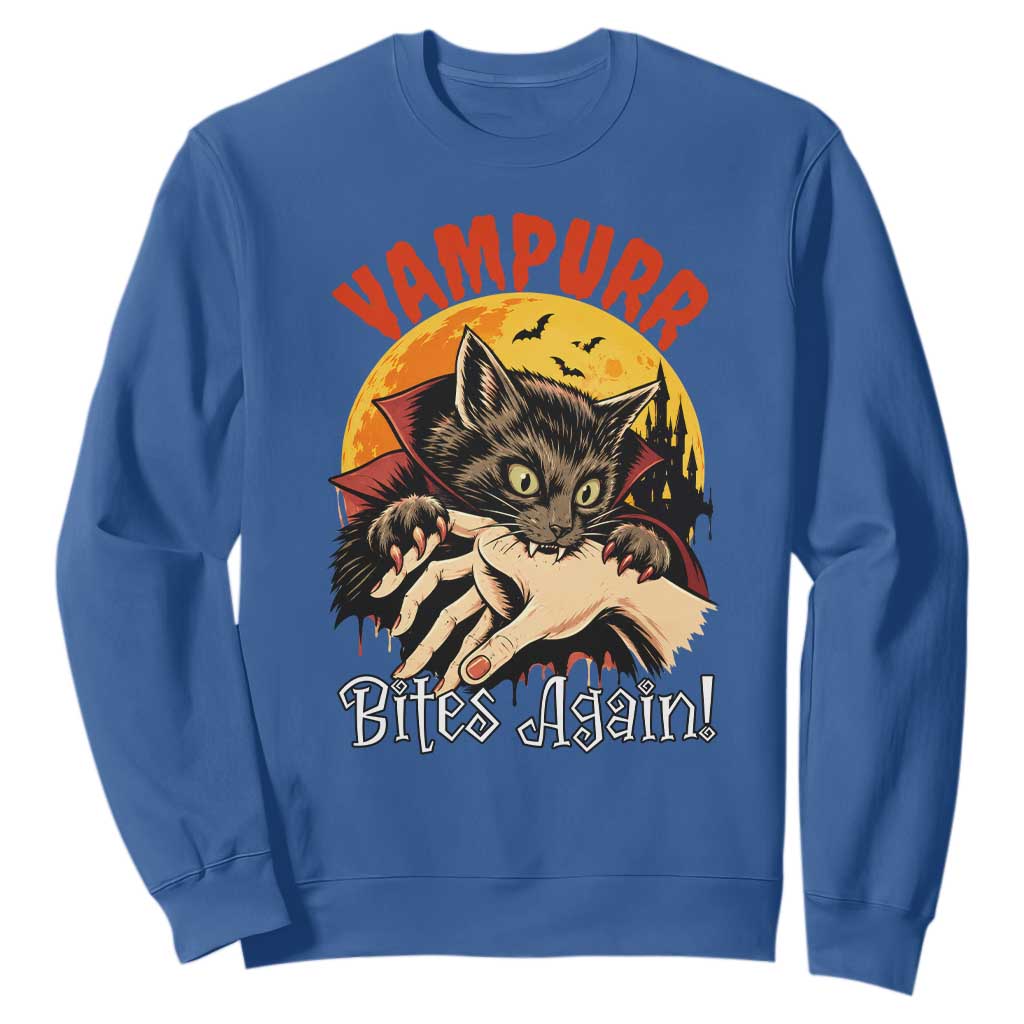 Vampurr Bites Again Sweatshirt Funny Vampire Cat Halloween Horror TS14 Royal Blue Print Your Wear