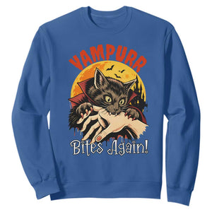 Vampurr Bites Again Sweatshirt Funny Vampire Cat Halloween Horror TS14 Royal Blue Print Your Wear