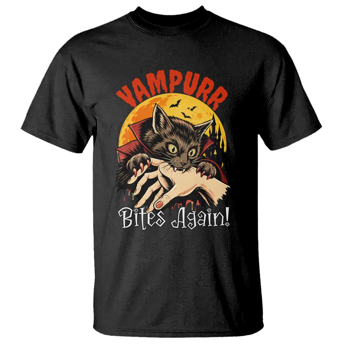 Vampurr Bites Again T Shirt Funny Vampire Cat Halloween Horror TS14 Black Print Your Wear