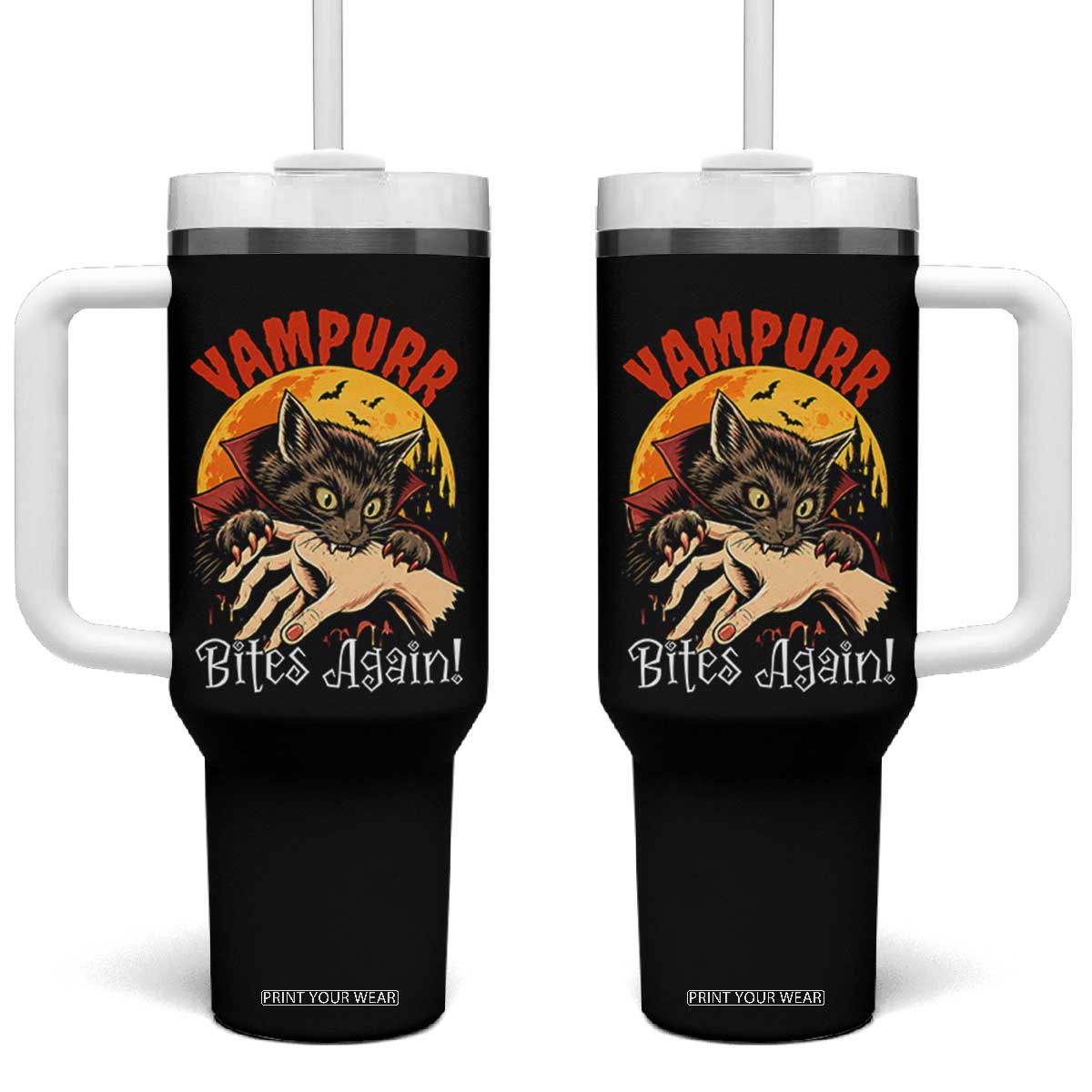 Vampurr Bites Again Tumbler With Handle Funny Vampire Cat Halloween Horror TS14 One Size: 40 oz Black Print Your Wear