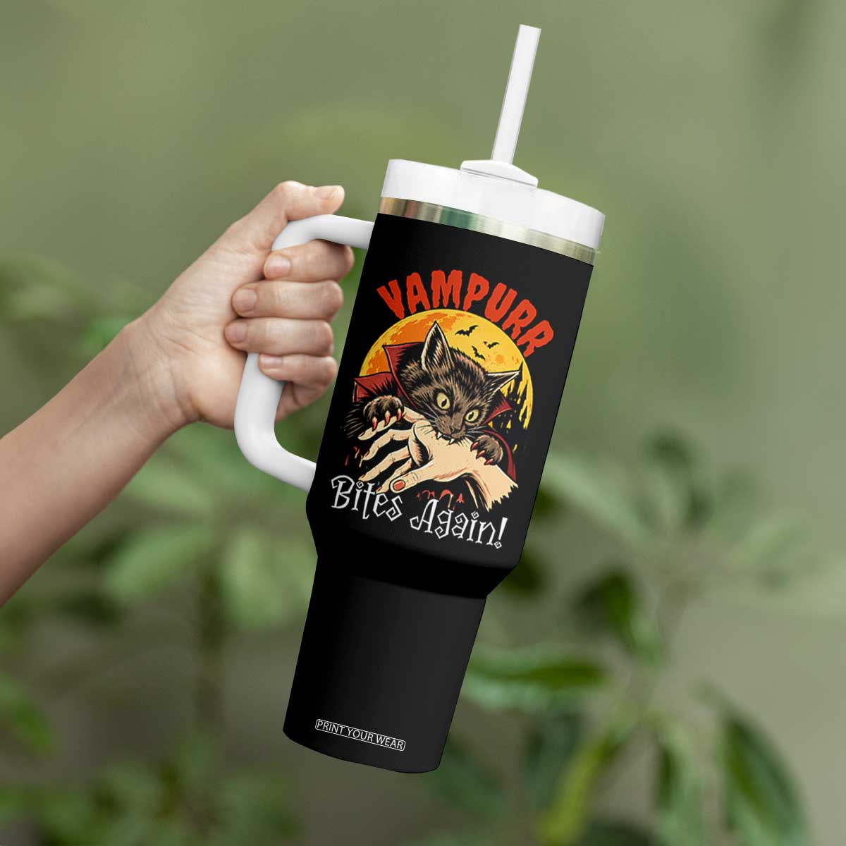 Vampurr Bites Again Tumbler With Handle Funny Vampire Cat Halloween Horror TS14 Print Your Wear
