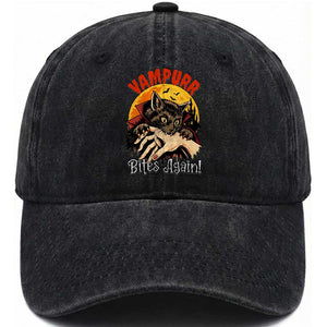 Vampurr Bites Again Washed Cotton Baseball Cap Funny Vampire Cat Halloween Horror TS14 Print Your Wear