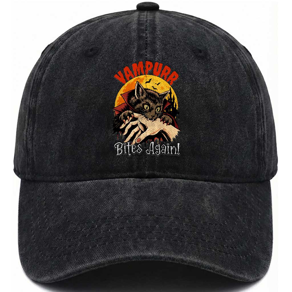Vampurr Bites Again Washed Cotton Baseball Cap Funny Vampire Cat Halloween Horror TS14 Print Your Wear