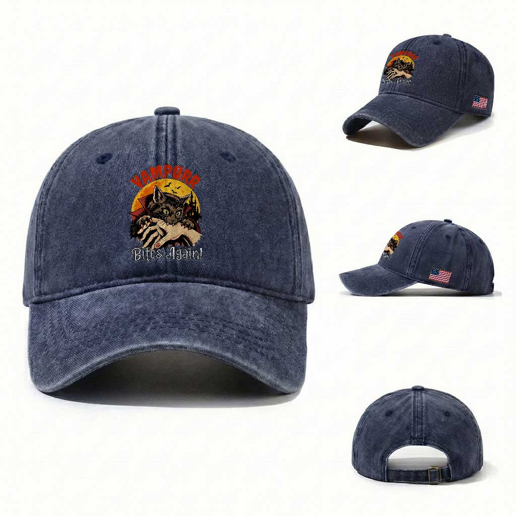 Vampurr Bites Again Washed Cotton Baseball Cap Funny Vampire Cat Halloween Horror TS14 Washed Cap Universal Fit Navy Print Your Wear
