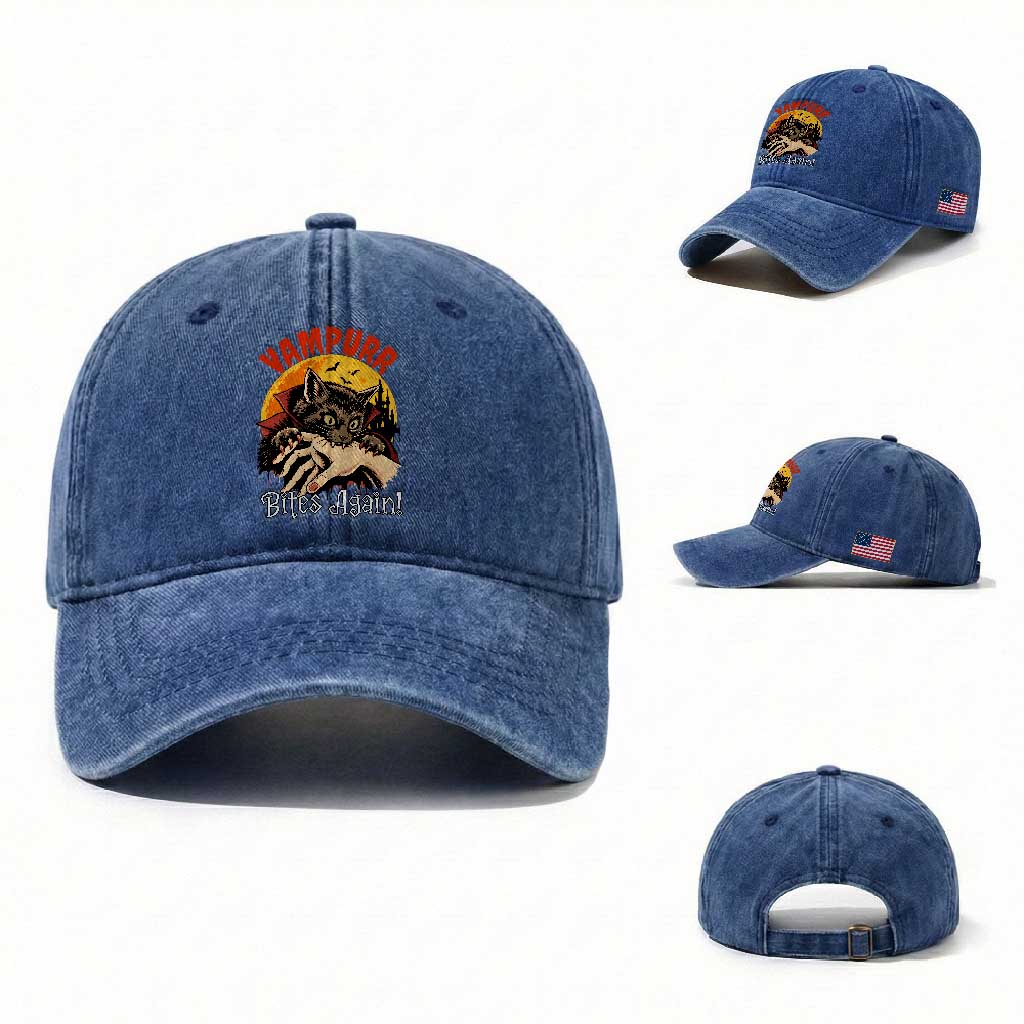 Vampurr Bites Again Washed Cotton Baseball Cap Funny Vampire Cat Halloween Horror TS14 Washed Cap Universal Fit Royal Blue Print Your Wear