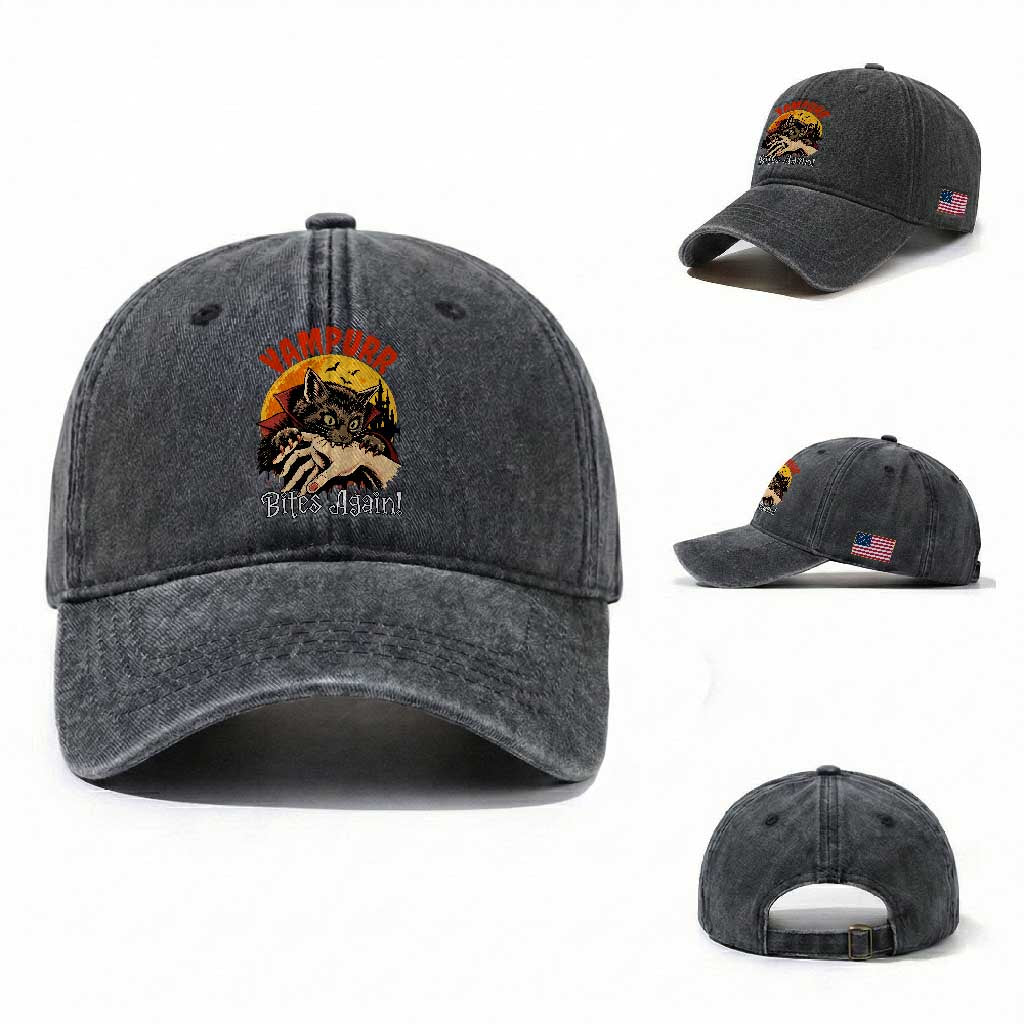 Vampurr Bites Again Washed Cotton Baseball Cap Funny Vampire Cat Halloween Horror TS14 Washed Cap Universal Fit Dark Gray Print Your Wear