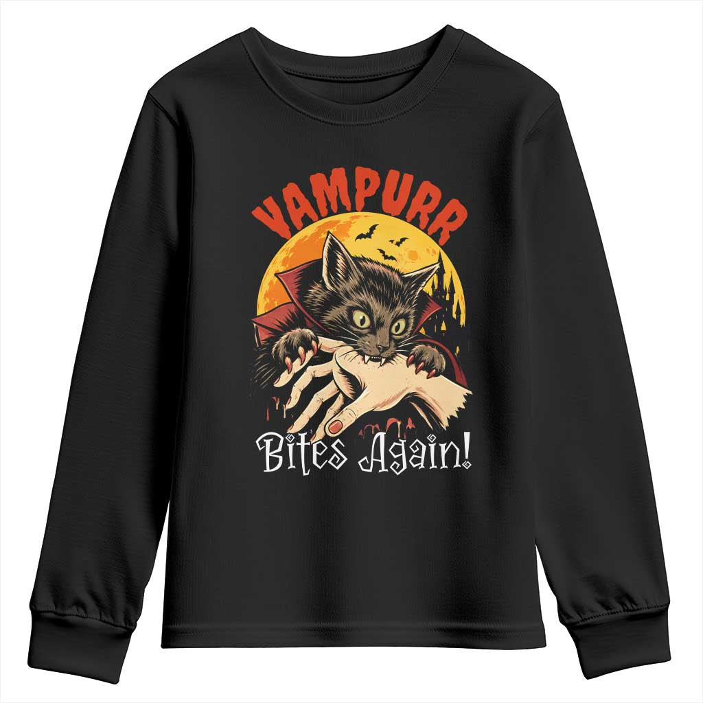Vampurr Bites Again Youth Sweatshirt Funny Vampire Cat Halloween Horror TS14 Black Print Your Wear