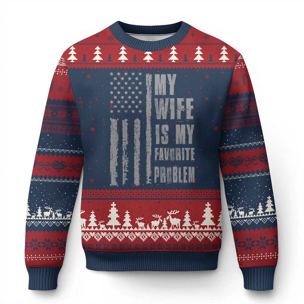 My Wife is My Favorite Problem Ugly Christmas Sweater Funny Sarcastic Wife American Flag TS14 Navy Red Print Your Wear