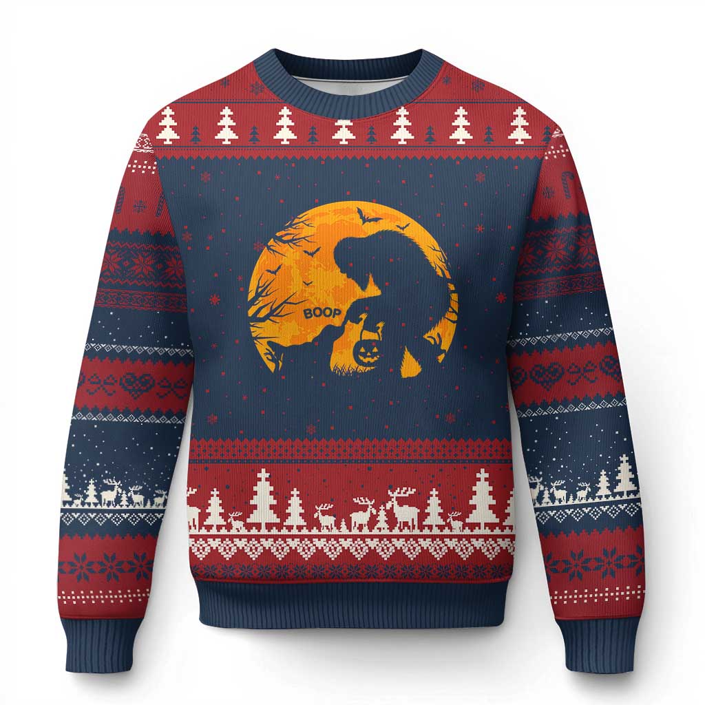 Bigfoot Boop Dog Hallowwen Ugly Christmas Sweater Funny Sasquatch Meme Dog Lovers Full Moon TS14 Navy Red Print Your Wear