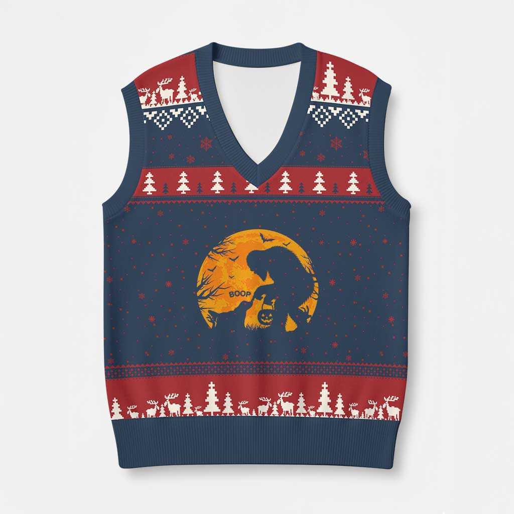 Bigfoot Boop Dog Hallowwen V-Neck Knit Sweater Vest Funny Sasquatch Meme Dog Lovers Full Moon TS14 Navy Red Print Your Wear