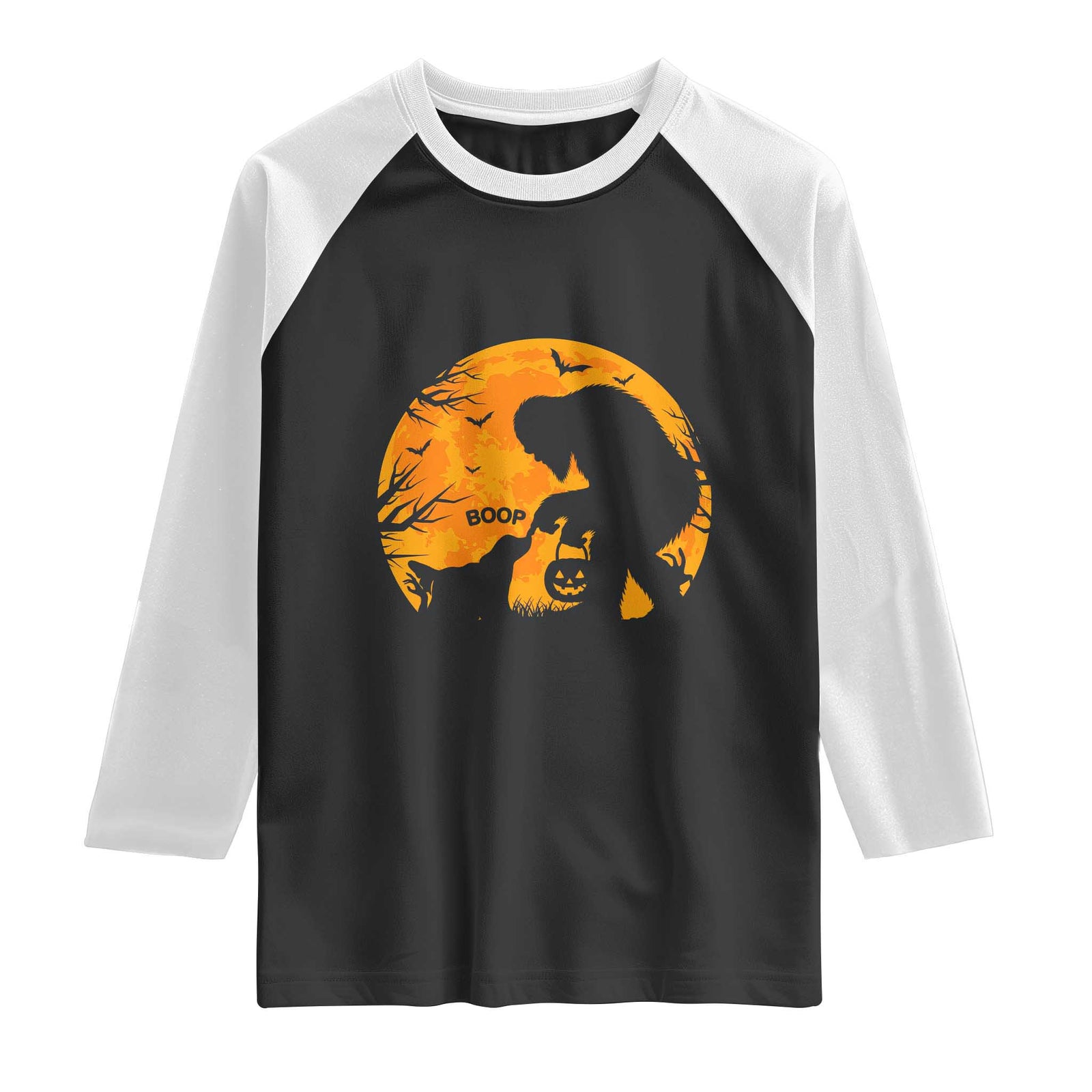 Bigfoot Boop Dog Hallowwen Raglan Shirt Funny Sasquatch Meme Dog Lovers Full Moon TS14 Black White Print Your Wear