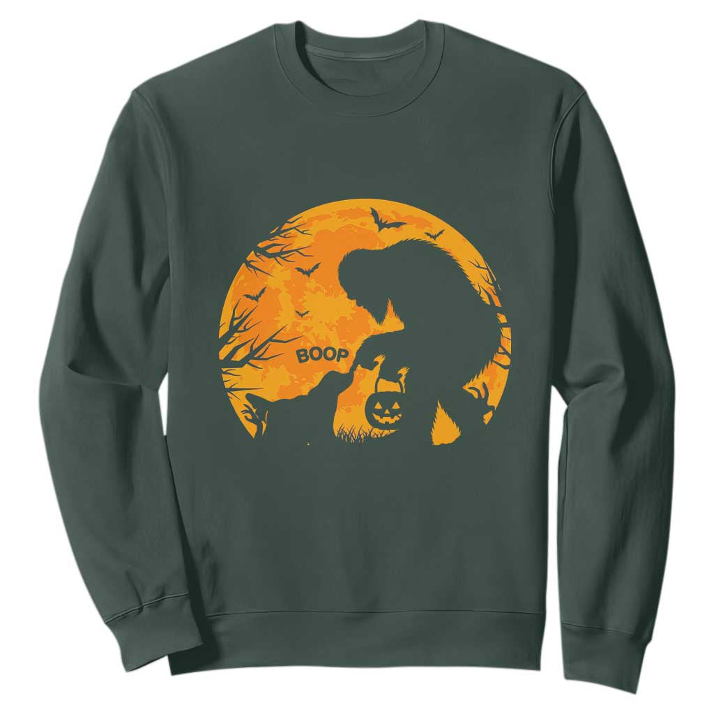 Bigfoot Boop Dog Hallowwen Sweatshirt Funny Sasquatch Meme Dog Lovers Full Moon TS14 Dark Forest Green Print Your Wear