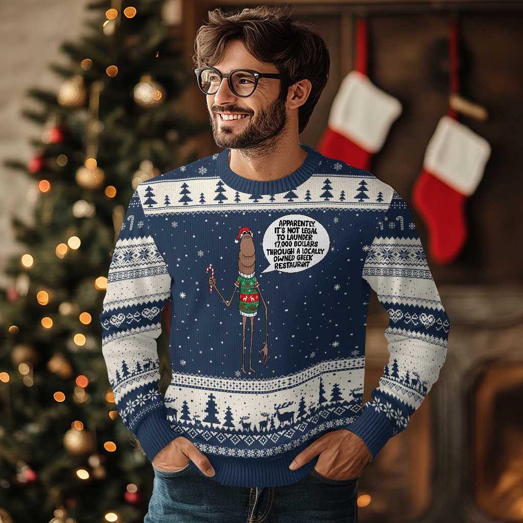Marcus The Worm Xmas Meme Ugly Christmas Sweater Locally Owned Greek Restaurant TS14 Navy Beige Print Your Wear