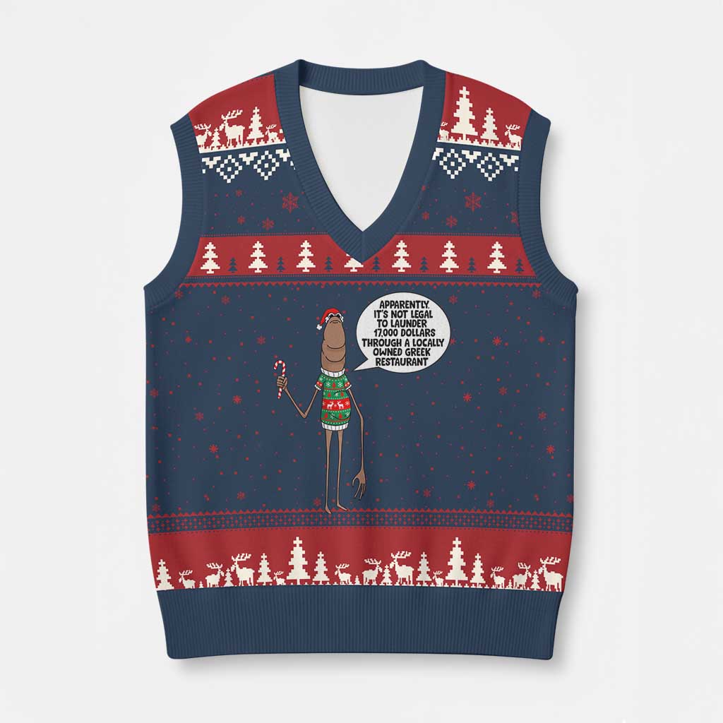 Marcus The Worm Xmas Meme V-Neck Knit Sweater Vest Locally Owned Greek Restaurant TS14 Navy Red Print Your Wear