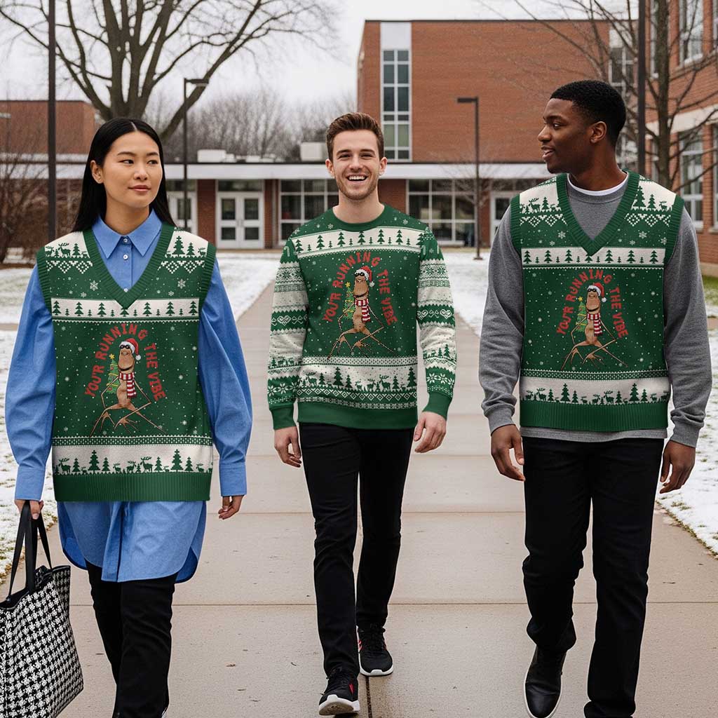 Marcus The Worm Xmas Meme V-Neck Knit Sweater Vest You Are Running The Vibe TS14 Forest Green Beige Print Your Wear