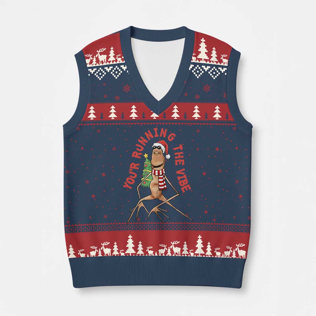 Marcus The Worm Xmas Meme V-Neck Knit Sweater Vest You Are Running The Vibe TS14 Navy Red Print Your Wear