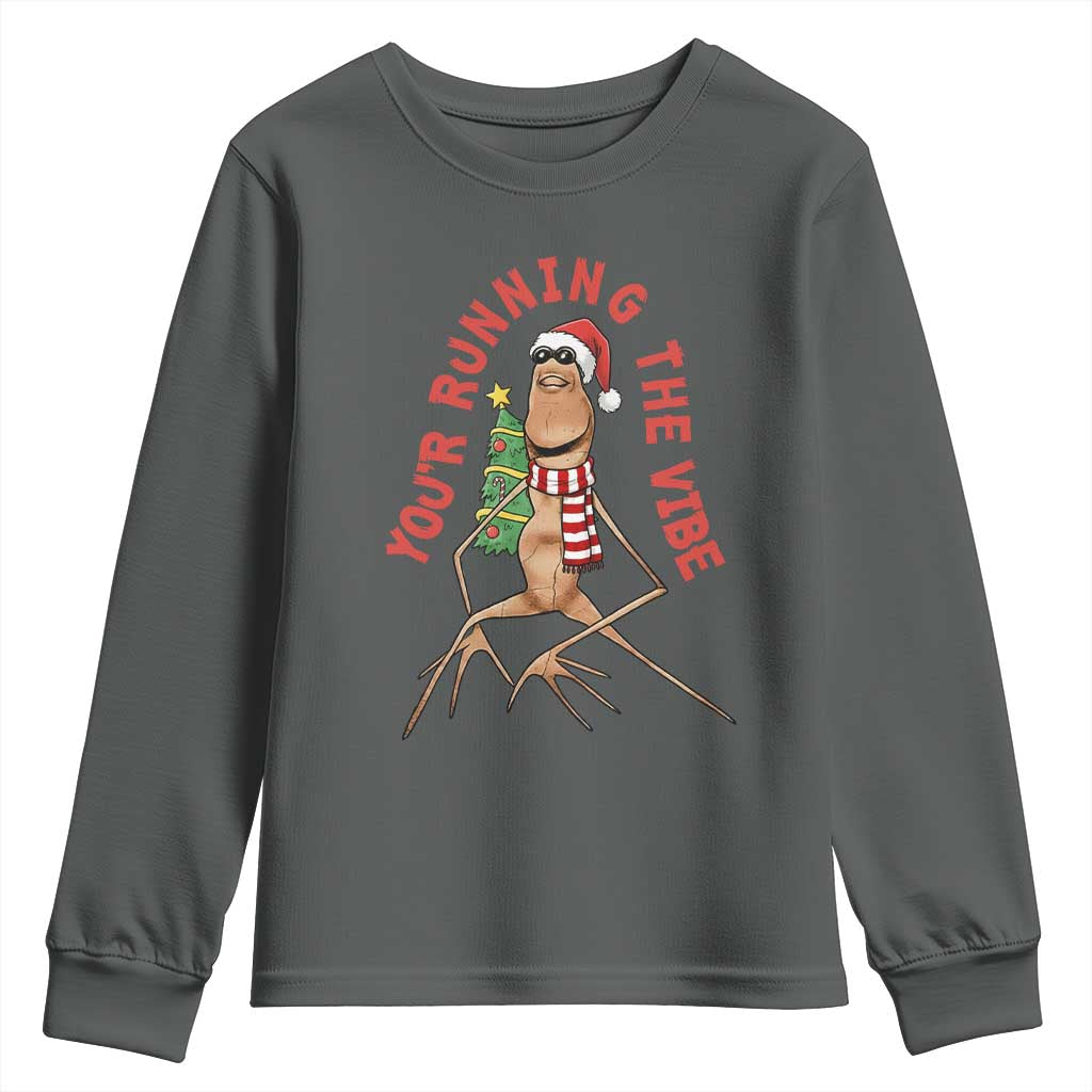 Marcus The Worm Christmas Meme Youth Sweatshirt You Are Running The Vibe TS14 Dark Heather Print Your Wear