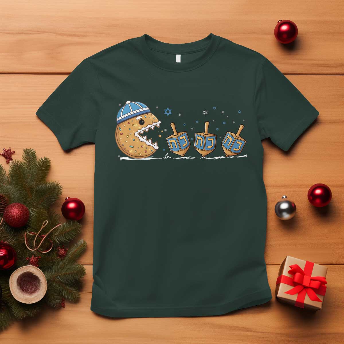 Funny Hanukkah T Shirt Donut Chasing Flames Jewish TS14 Dark Forest Green Print Your Wear