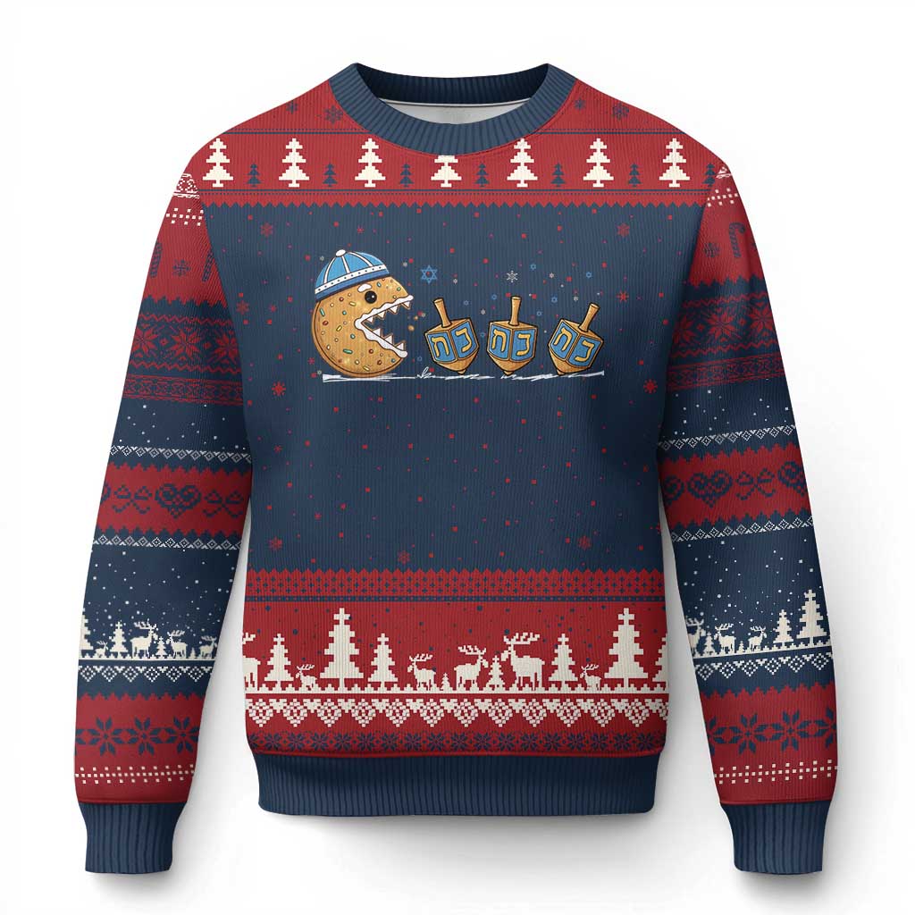 Funny Hanukkah Ugly Christmas Sweater Donut Chasing Flames Jewish TS14 Navy Red Print Your Wear